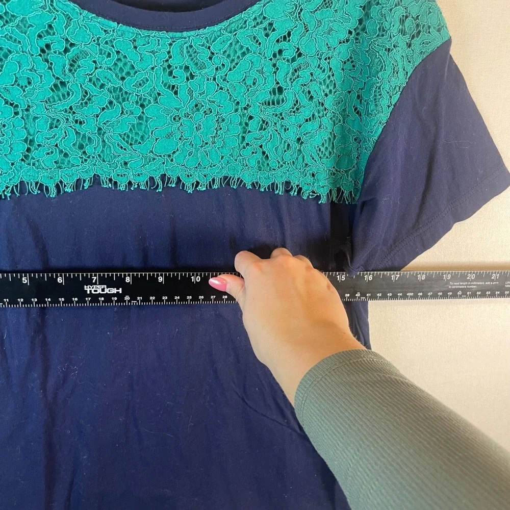 J. Crew Womens Navy Blue Teal Green Lace Overlay‎ Short Sleeve Top Size M